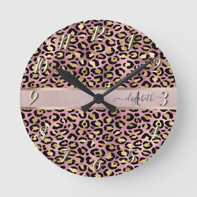 Leopardmönster Monogram Roséguld Svart Rund Klocka (Framsida)