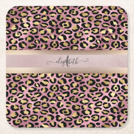 Leopardmönster Monogram Roséguld Svart Underlägg Papper Kvadrat