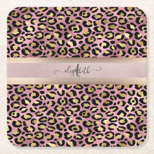 Leopardmönster Monogram Roséguld Svart Underlägg Papper Kvadrat