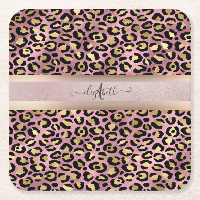 Leopardmönster Monogram Roséguld Svart   Underlägg Papper Kvadrat (Framsidan)