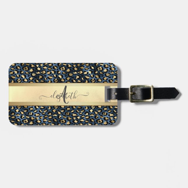 Leopardmönster Svart Brons Monogram Bagagebricka (Horisontell Framsida)
