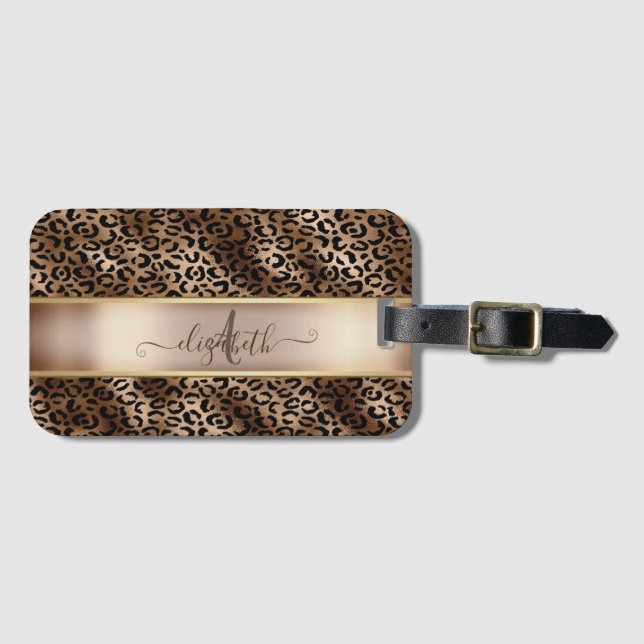 Leopardmönster Svart Brons Monogram Bagagebricka (Framsida horisontal)