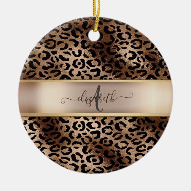 Leopardmönster Svart Brons Monogram Julgransprydnad Keramik (Framsidan)