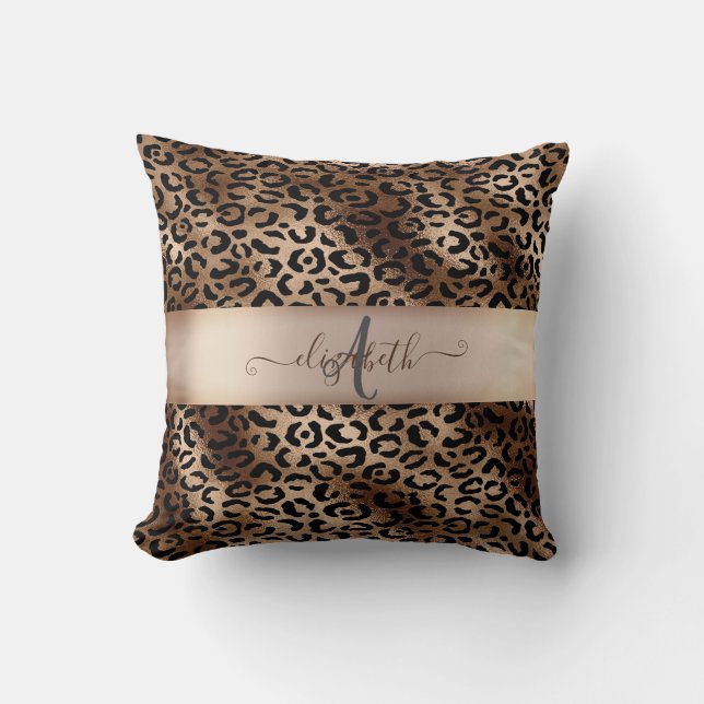 Leopardmönster Svart Brons Monogram Kudde (Framsida)