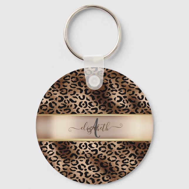 Leopardmönster Svart Brons Monogram Nyckelring (Framsida)