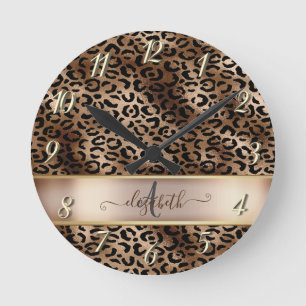 Leopardmönster Svart Brons Monogram Rund Klocka