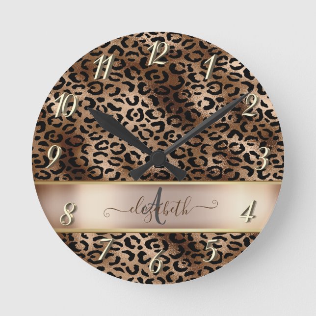 Leopardmönster Svart Brons Monogram Rund Klocka (Framsida)