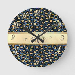 Leopardmönster Svart Brons Monogram Rund Klocka