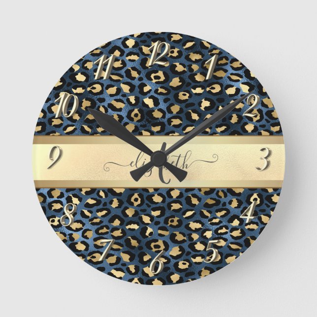 Leopardmönster Svart Brons Monogram Rund Klocka (Framsida)