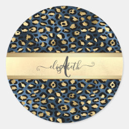 Leopardmönster Svart Brons Monogram Runt Klistermärke