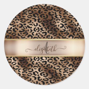 Leopardmönster Svart Brons Monogram Runt Klistermärke