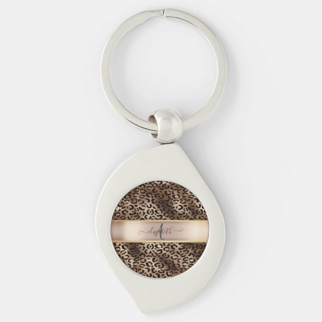 Leopardmönster Svart Brons Monogram Swirl Silverfärgad Nyckelring (Framsidan)