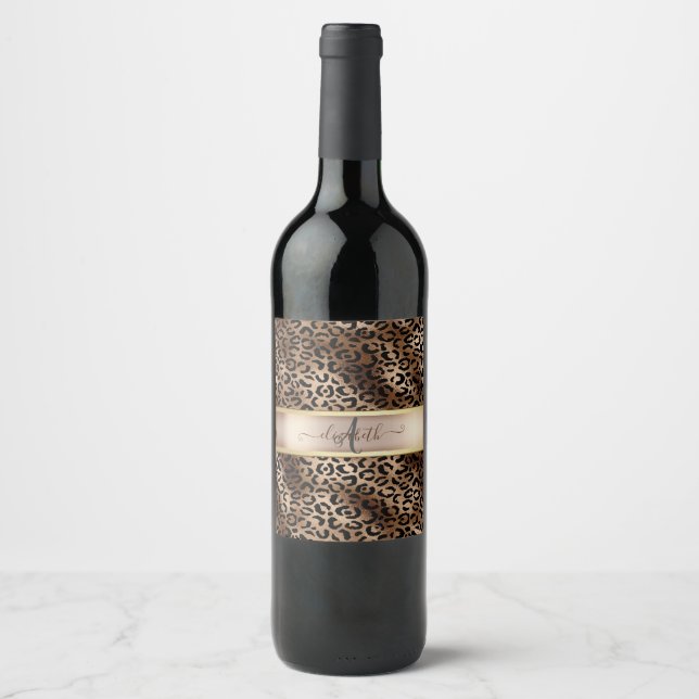 Leopardmönster Svart Brons Monogram Vinflaska Etikett (Framsida)