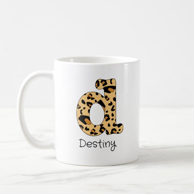 Leopardprint Initial Gemener d och Namn Kaffemugg (Vänster)