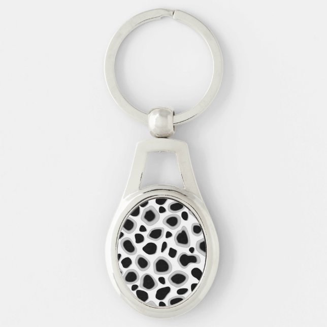 Leopardprint - Svart och Vitt Ovalt Silverfärgad Nyckelring (Framsidan)