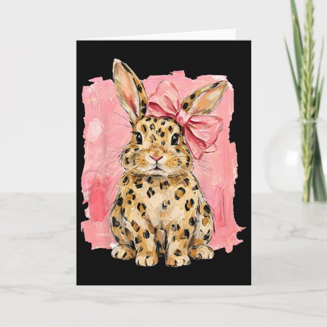 Leopardprintad kanin med rosa rosett Söt vår påsk Kort (Framsida)