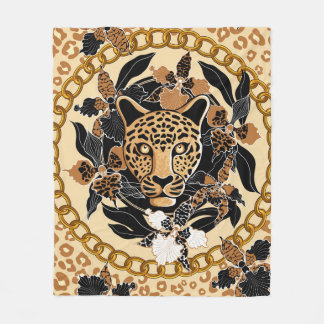 leopard's head surrounded by orchids, gold chain a fleecefilt