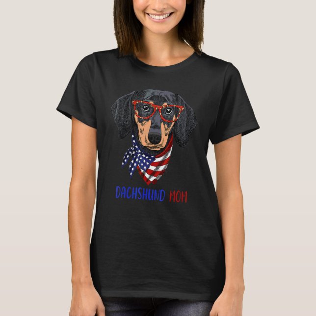 Leopardsglasen Dachshund Hund Mamma USA flagga 4:e T Shirt (Framsida)