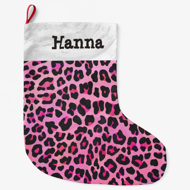 Leopardsvart och shock rosa stor julstrumpa (Framsidan)