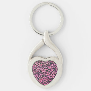 Leopardsvart och shock rosatryck twisted heart silverfärgad nyckelring