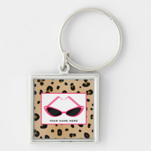 Leopardtryck och Retro rosa solglasögon Fyrkantig Silverfärgad Nyckelring