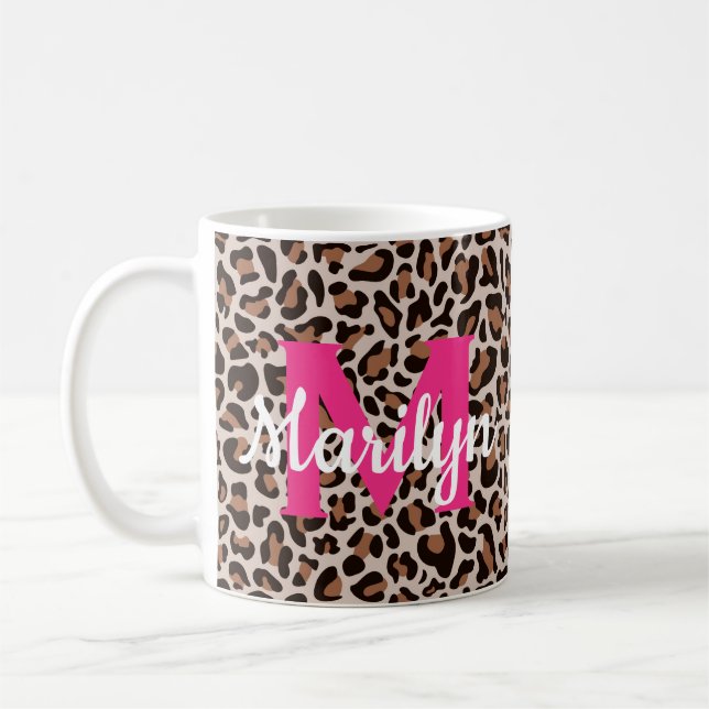 Leopardtryck Personlig Namn Varm Rosa Kaffemugg (Vänster)
