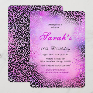 Leopardtryck Sweet 16 Rosa glitter Inbjudningar