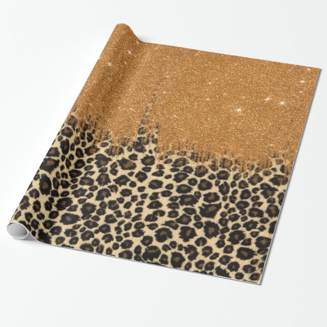 Leopardtrycket med guld- Fauxglitter borstar slår Presentpapper (Utrullad)