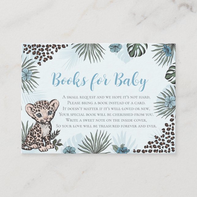 Leopardunge Blå Safari Baby Shower Böcker för Bebi Tilläggskort (Framsida)