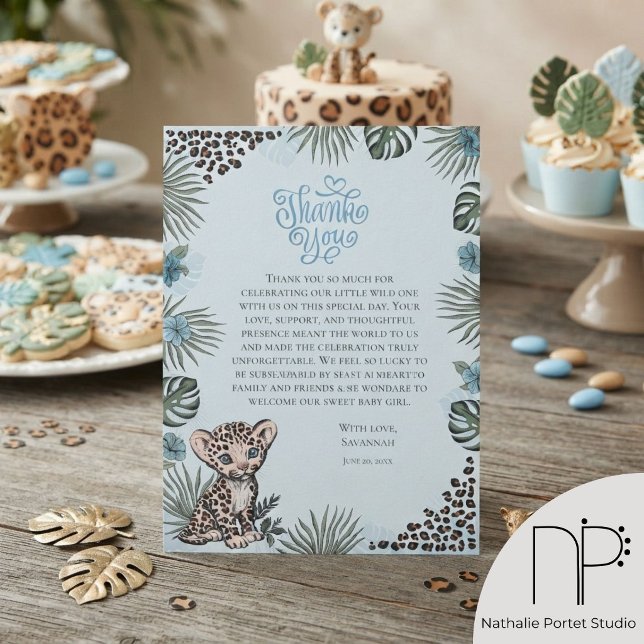 Leopardunge Blå Tacksamt Bebis Shower Kort (Hand-drawn baby leopard cub, jungle leaves, and blue florals for safari boy thank you notes)