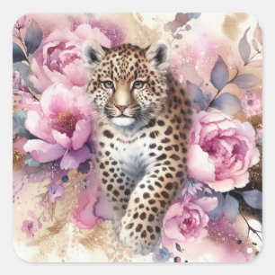 Leopardunge & Rosor Fyrkantigt Klistermärke