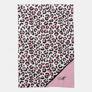 Leopardutskrift i rosa vitt & svart med monogram kökshandduk