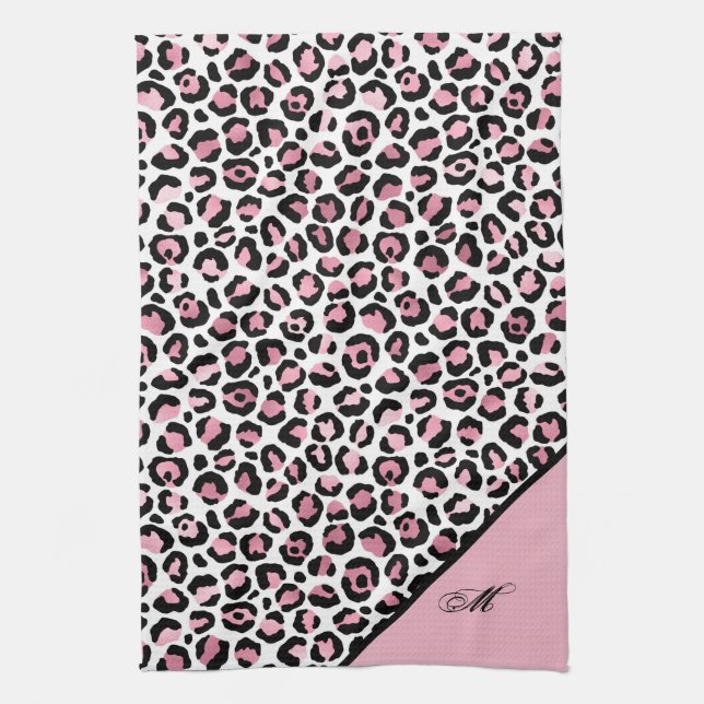 Leopardutskrift i rosa vitt & svart med monogram kökshandduk (Vertikal)