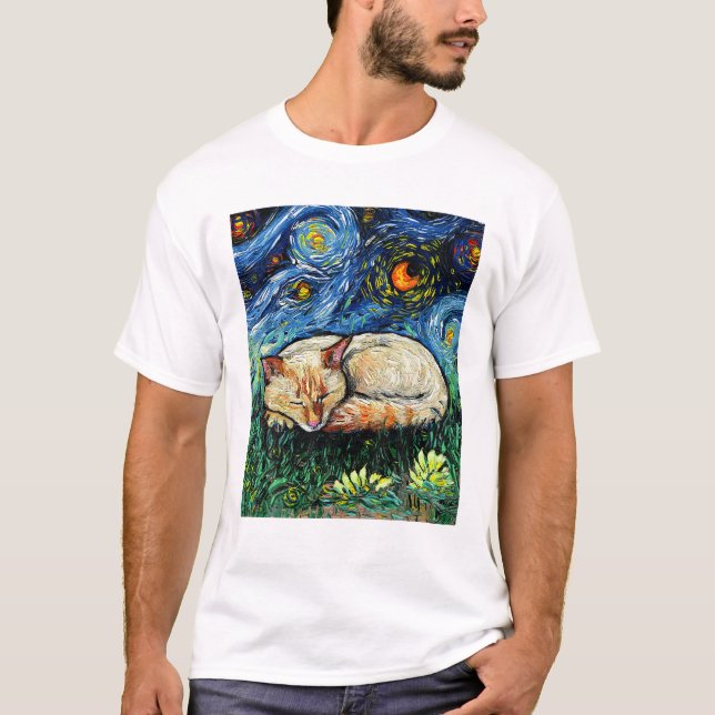 Lepande flampunkt Siamese Cat Starry Night T Shirt (Framsida)