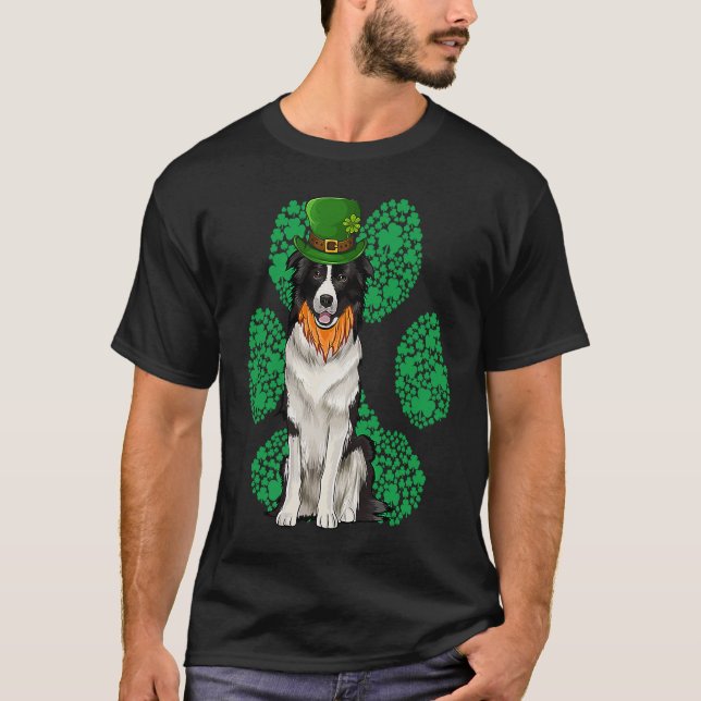 Leprechaun Border Collie St Patricks Day Shamrock  T Shirt (Framsida)