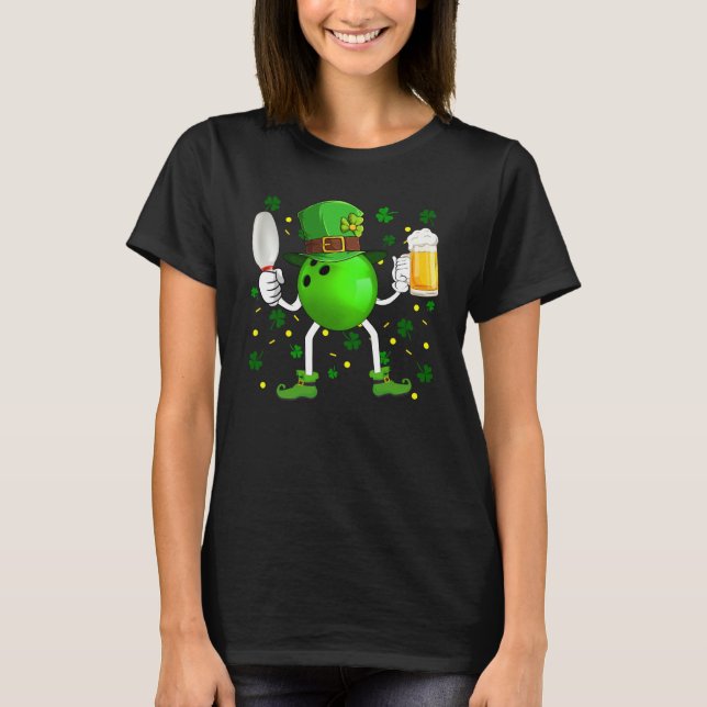 Leprechaun Bowling Ball Pin & Glass Of Beer St Pat T Shirt (Framsida)