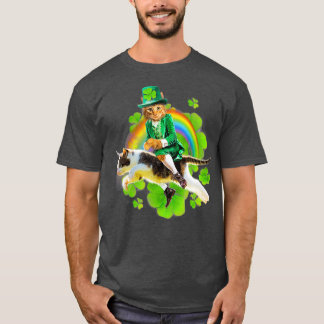Leprechaun Cat Riding i Rainbow St patty T Shirt