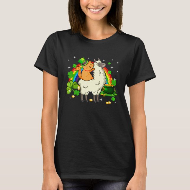Leprechaun Cat Riding Llama Lycklig St patricks da T Shirt (Framsida)