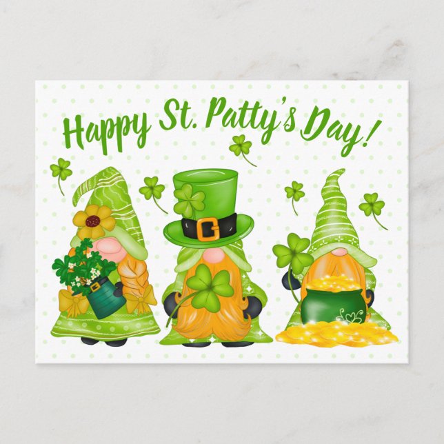 Leprechaun Gnome Shamrock Lycklig St Pattys dag Vykort (Framsida)