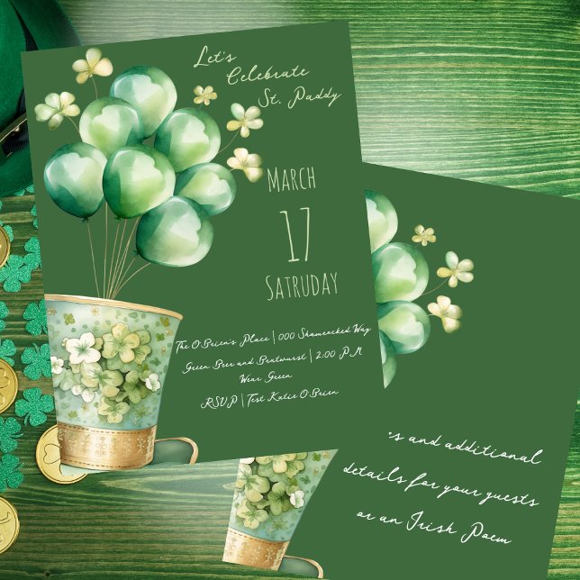 Leprechaun Hat med ballonger och schamponger Inbjudningar (Gold and Irish green shamrocks and top hat with balloons St Patrick's Day customizable party invites)