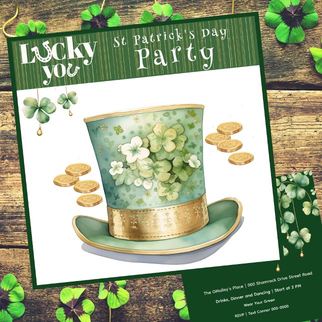 Leprechaun Hat och Guld Mynt Party Inbjudningar (Lucky you St Patrick's Day Irish top hat customizable party invitation in green and gold. )