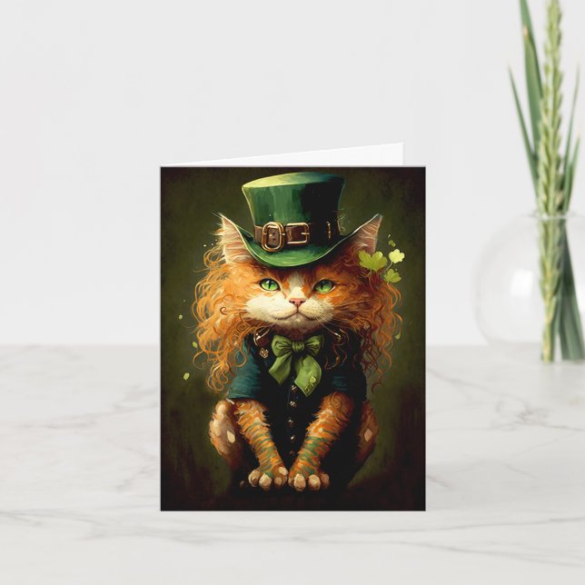 Leprechaun Irländsk Katt Illustration Lyckönskning Kort (Framsida)