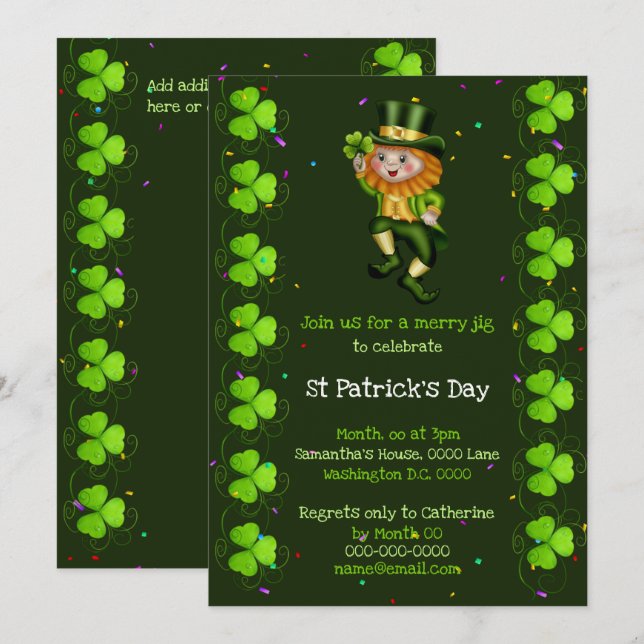 Leprechaun jig har tur som schrock Irish Klöver pa Inbjudningar (Fram/baksida)