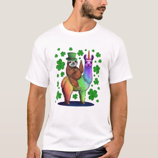 Leprechaun Långsam Lemur Ridning Llama Enhörning S T Shirt (Framsida)