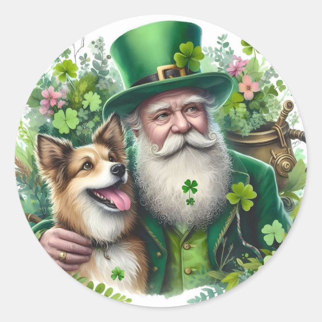 Leprechaun med Hund rund etikett (Framsida)