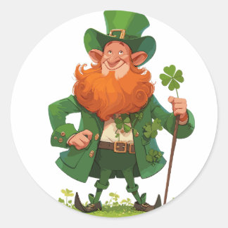 Leprechaun med Klöver stab Runt Klistermärke