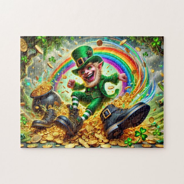 Leprechaun Mischief, Playful Irish Scene, Gold Pussel (Horisontell)