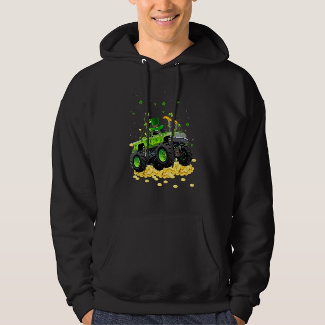 Leprechaun Monster Lastbil Shamrock St Patrick Day Hoodie (Framsida)