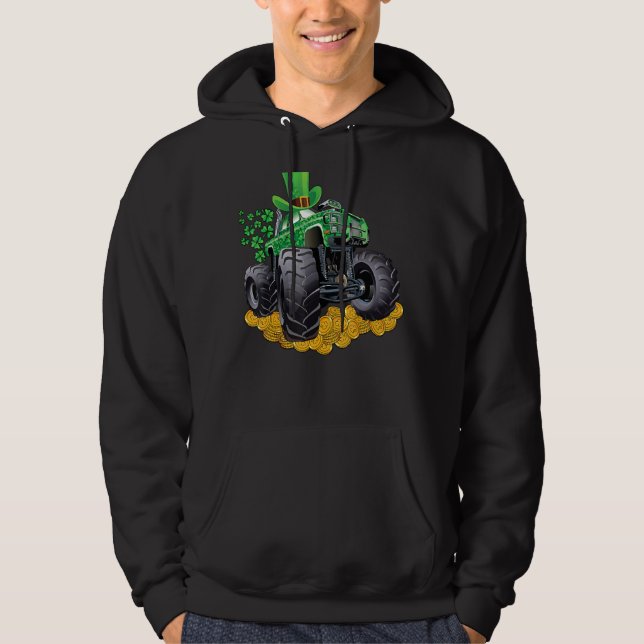 Leprechaun Monster Lastbil Shamrock St Patrick Day Hoodie (Framsida)