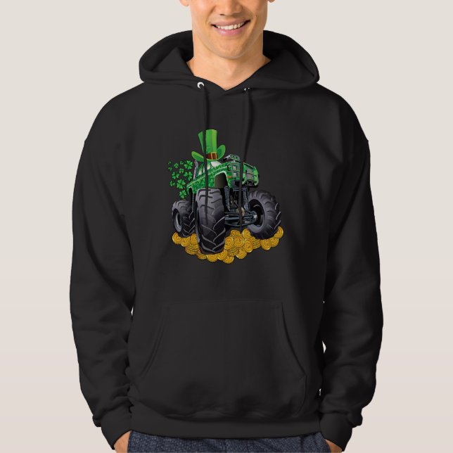 Leprechaun Monster Lastbil Shamrock St Patrick Day Hoodie (Framsida)